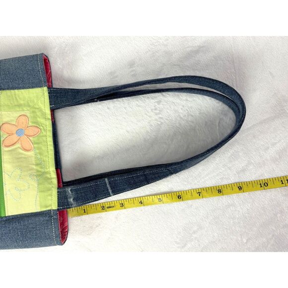 Handmade Upcycled Denim Floral Small Tote Bag Magnetic Closure Pockets Cotton - Picture 10 of 11